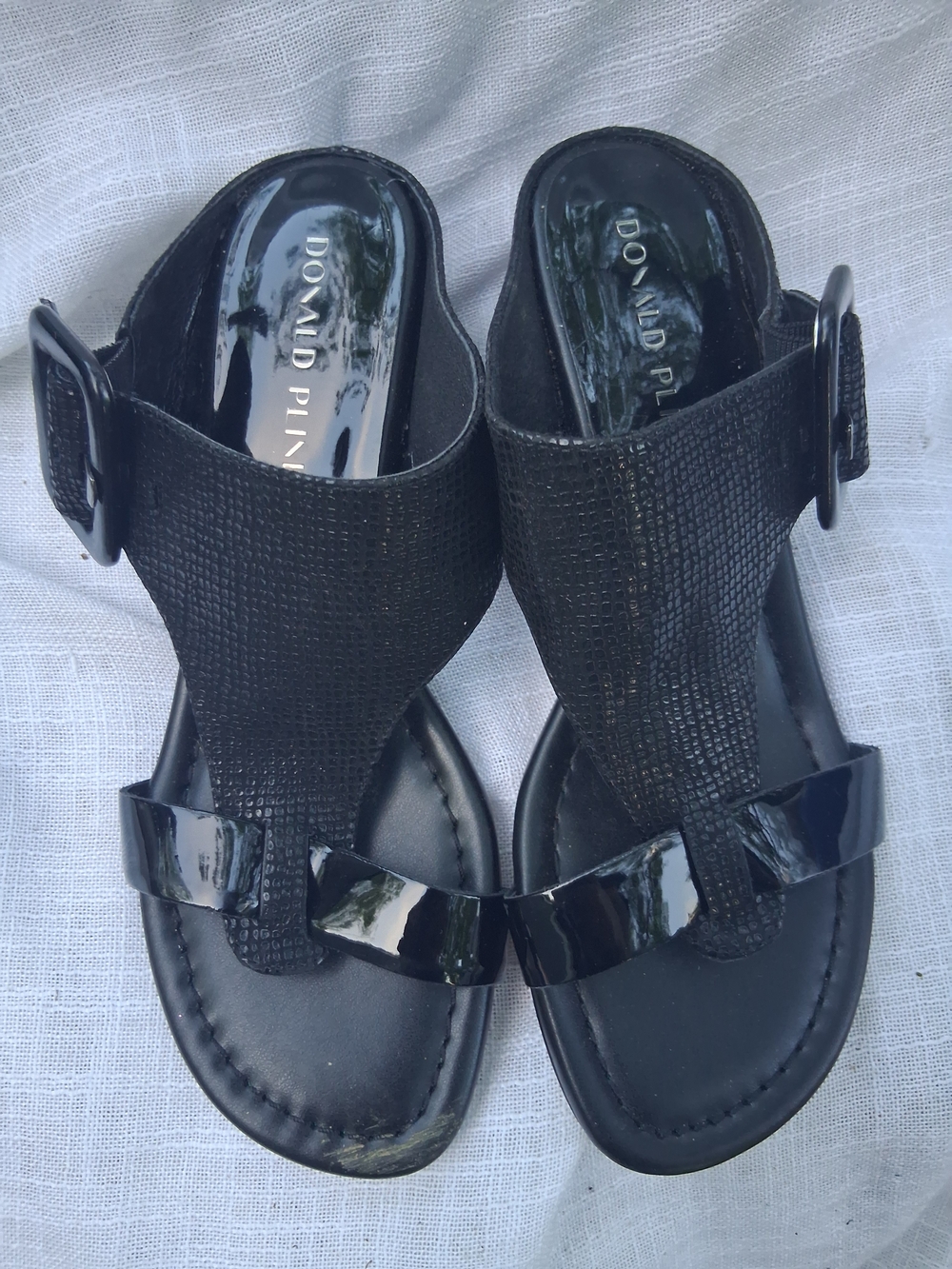 Donald J. Pliner OFELIA Black Textured Leather and Patent Slide Sandals